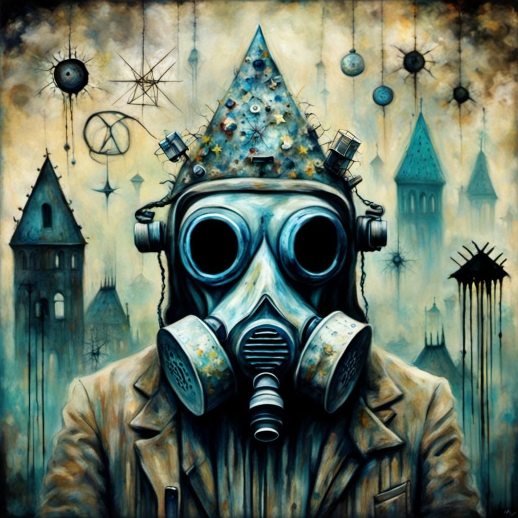 Surreal Gas Mask Namaste in Mixed Artistic Styles
