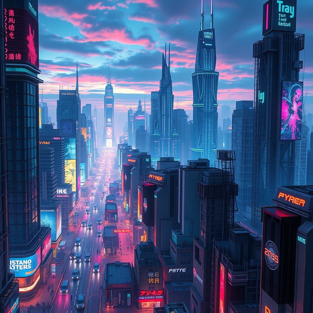 Cyberpunk Cityscape at Dusk, with Vibrant Neon Lights