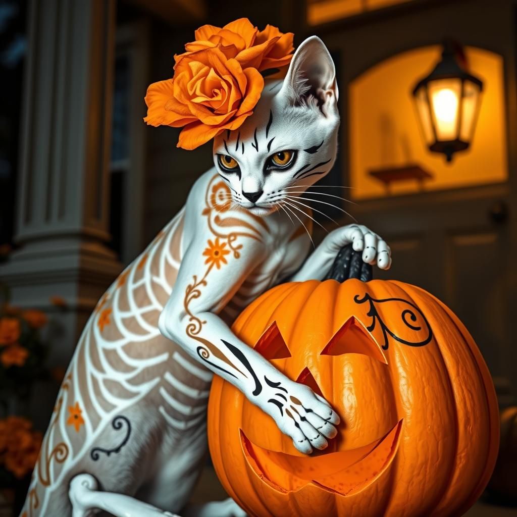 Day of the Dead Cat with Jack-o'-Lantern