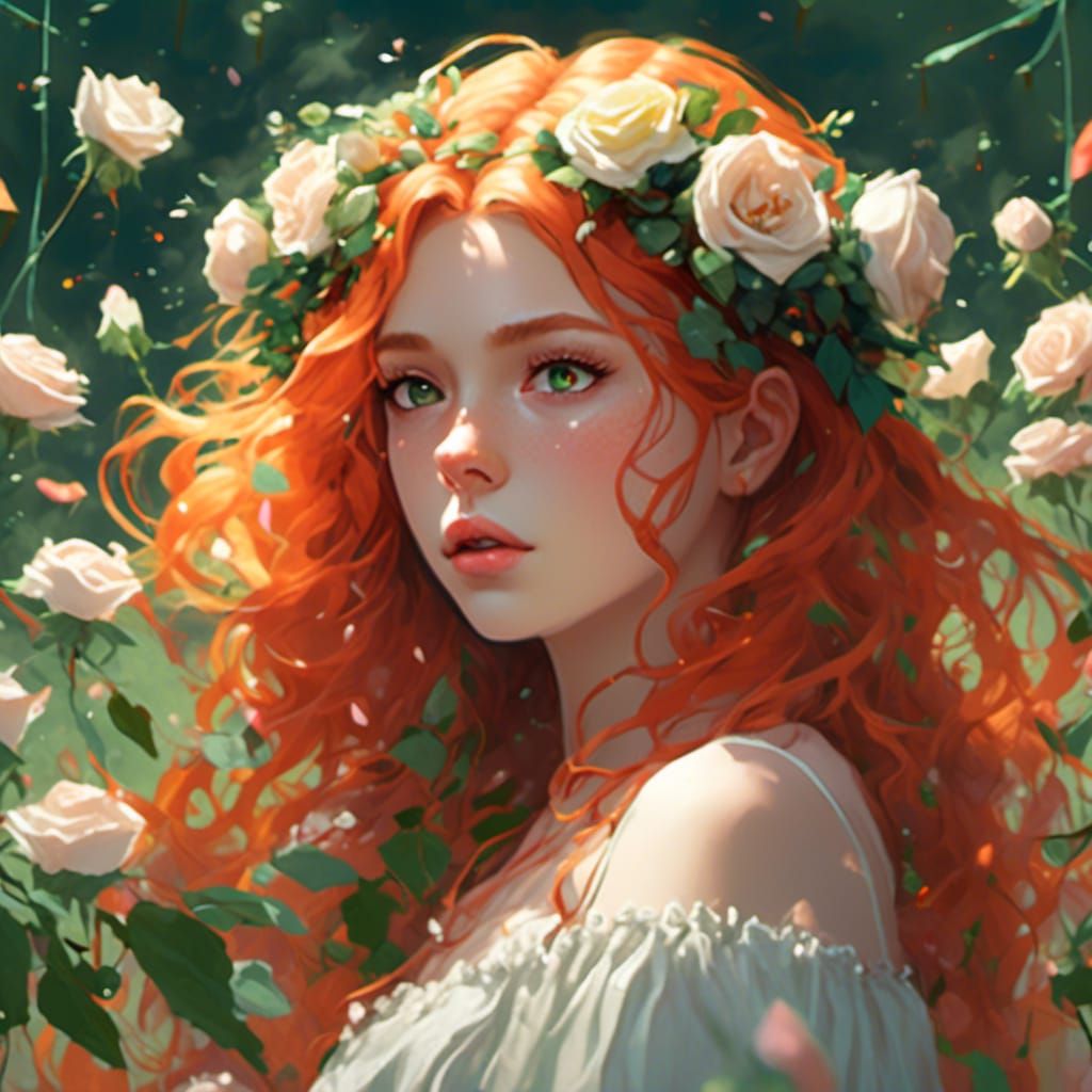 Girl with Roses in Meadow: Digital Matte Painting