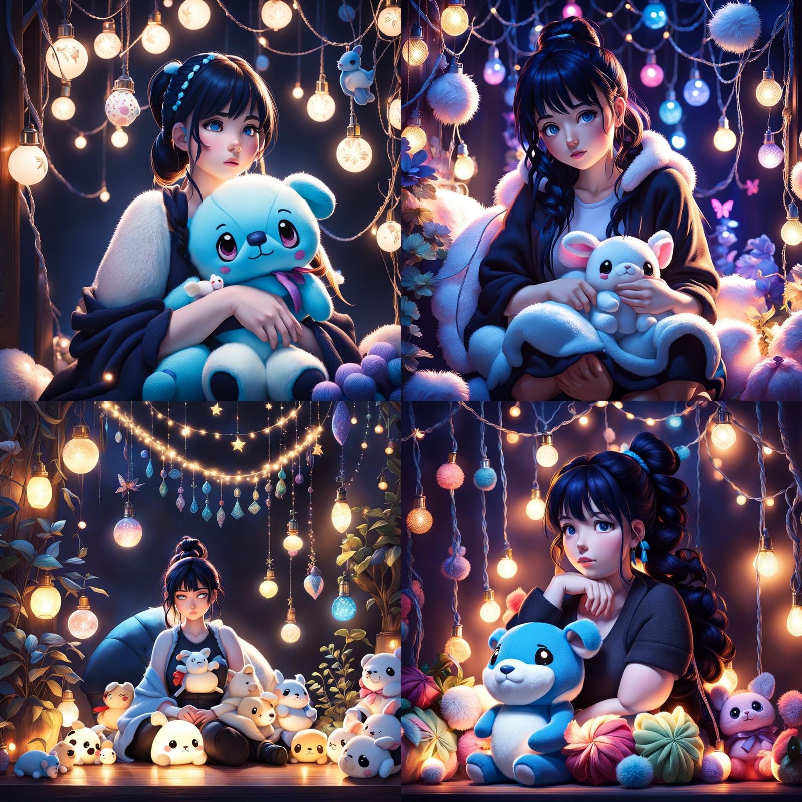 Sad Woman Cuddling Stitch Plushie in Dark Room