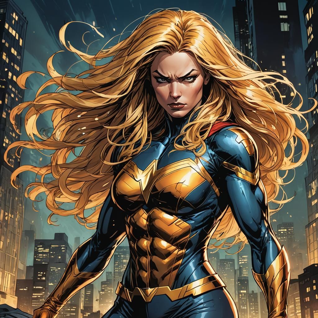 Dynamic Female Superhero in Comic Book Style