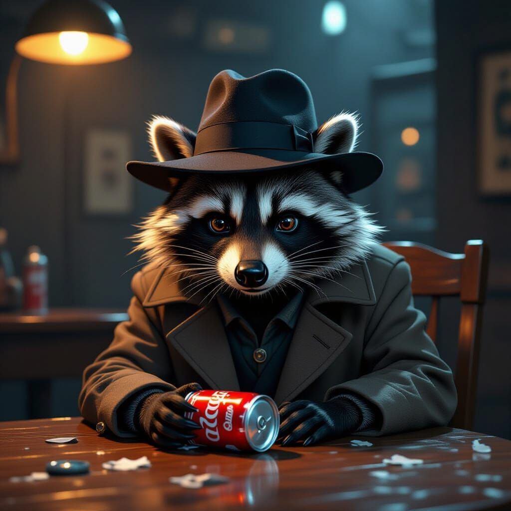 Raccoon Detective Inspects Diet Coke, Gritty Realism