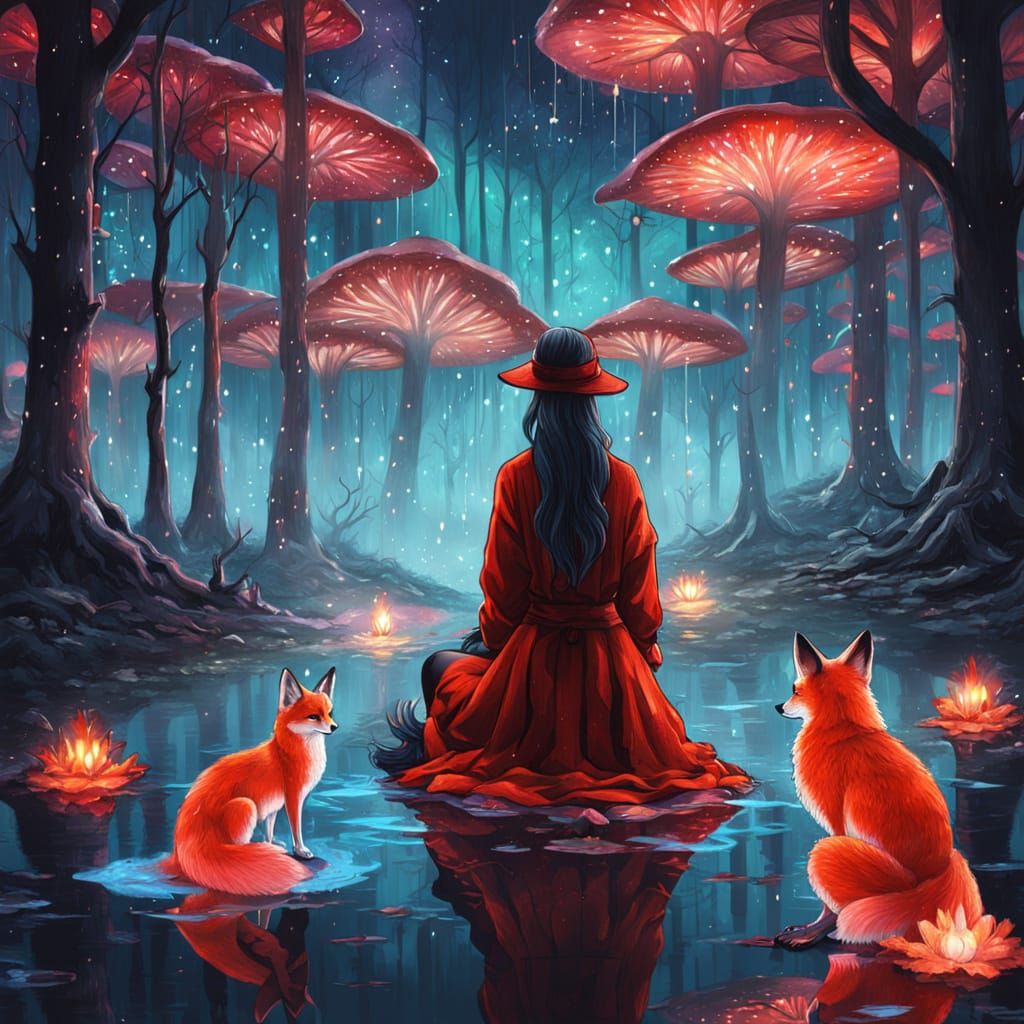 Elegant Woman and Kitsune in Magical Forest