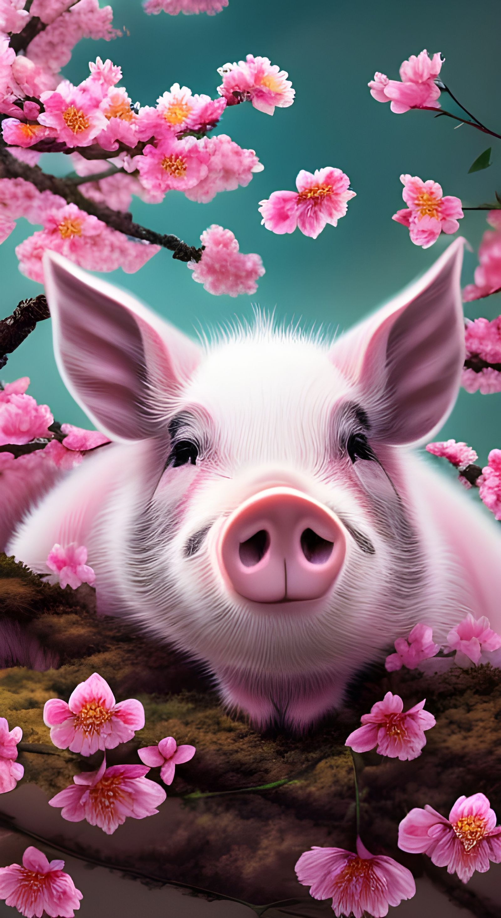 Cute pig in a cherry blossom tree