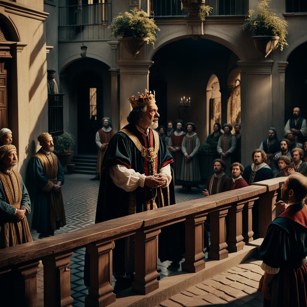 King Addresses Subjects in Courtyard with Rembrandt Lighting