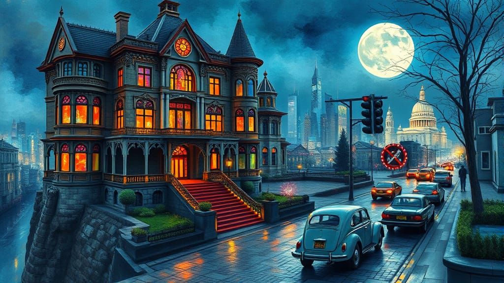 Victorian Mansion Overlooking Cyberpunk City as Impasto Pain...