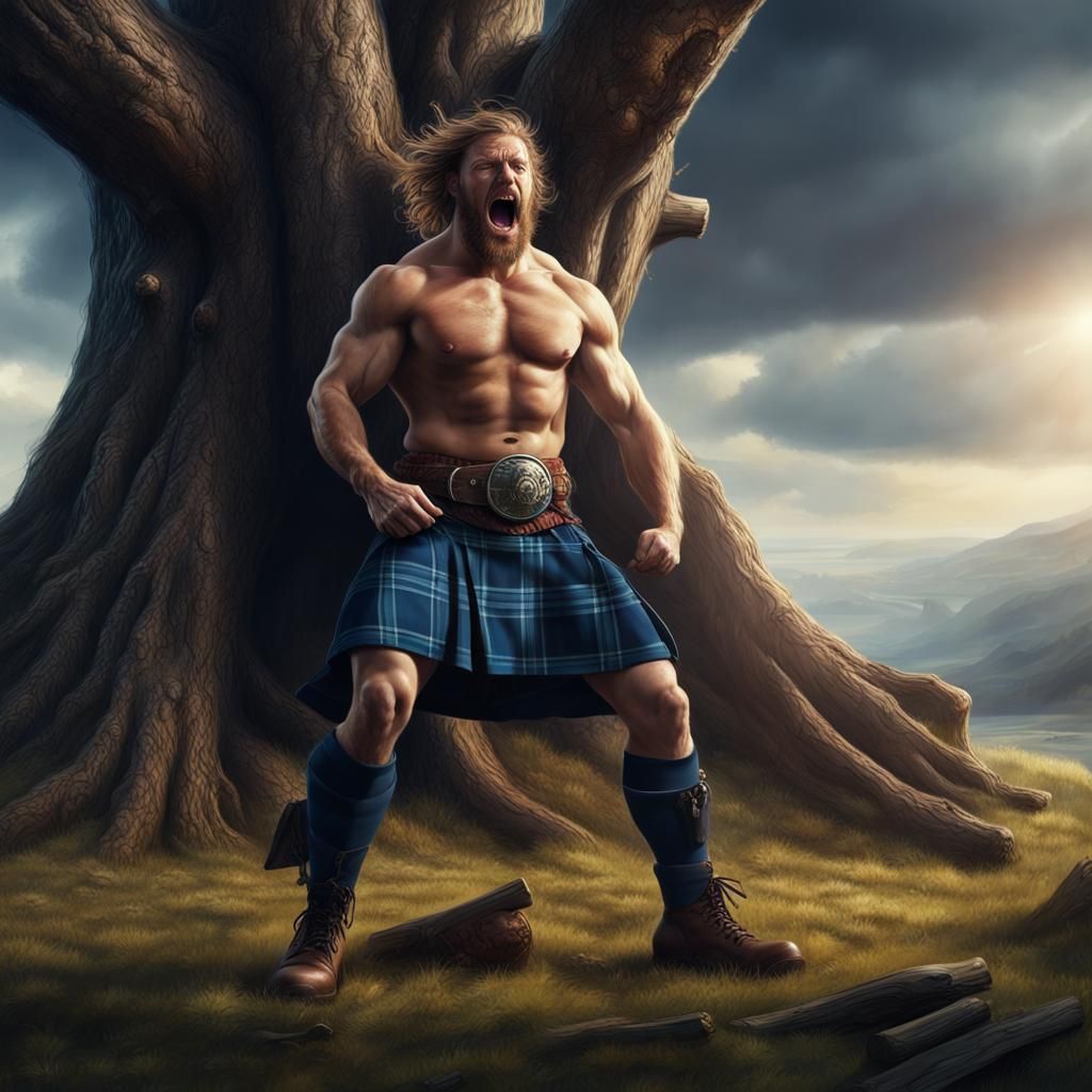 Muscular Scot Yelling and Throwing Tree Trunk