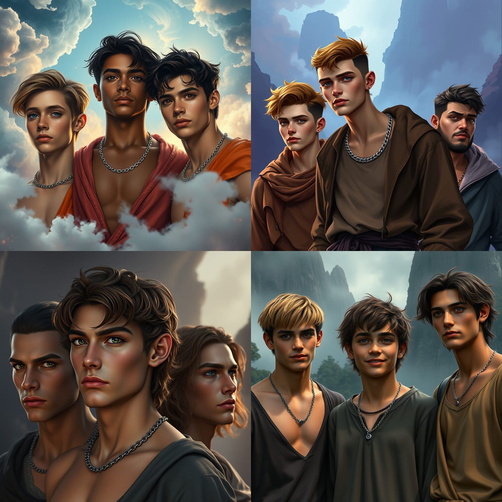 Three Young Men in Detailed Matte Painting Style