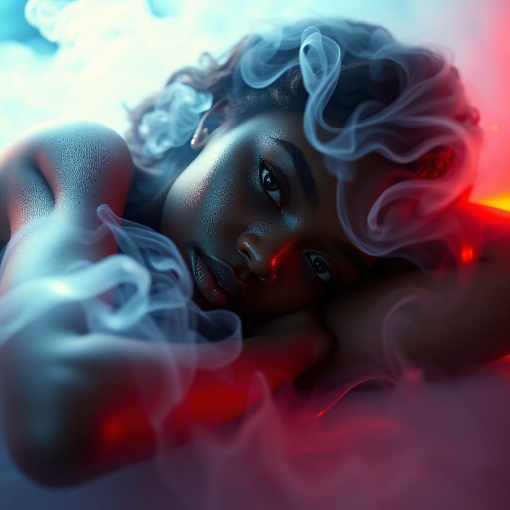 Enchanted Smoke Surrounds Serene Young Black Woman