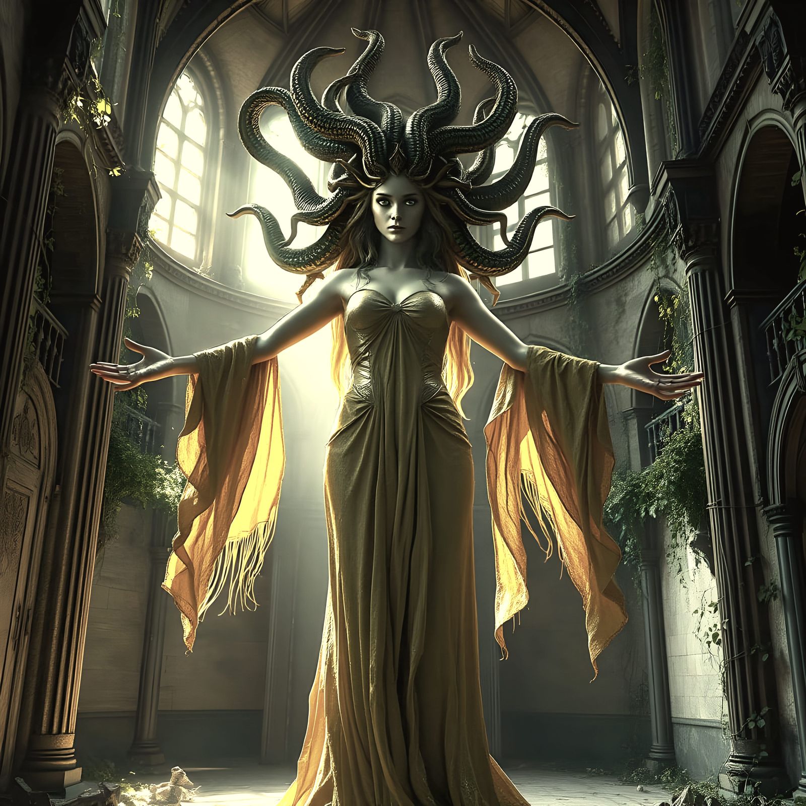 Gothic Goddess Medusa Transformed into a Serpent-Haired Mons...