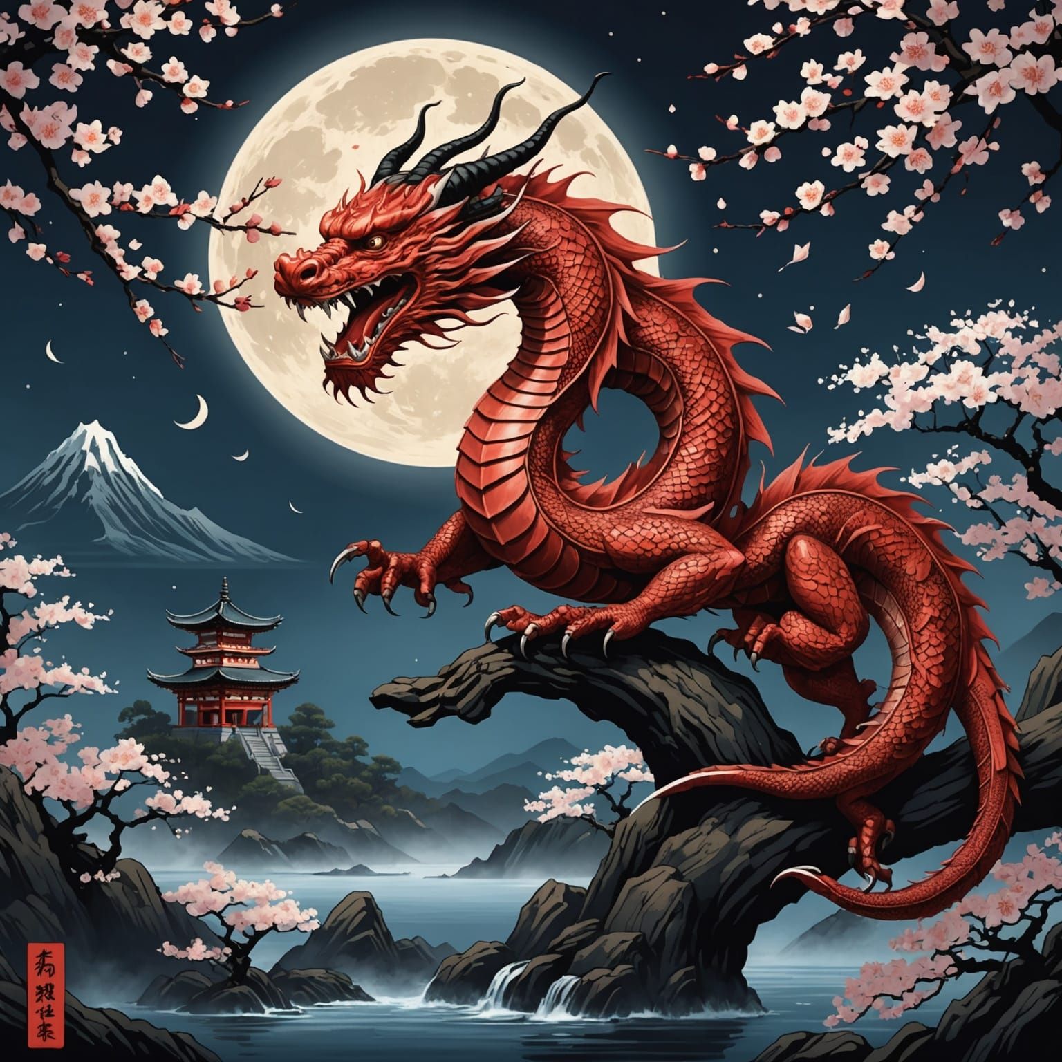 Red Japanese Dragon and Cherry Blossoms in Ukiyo-e Style