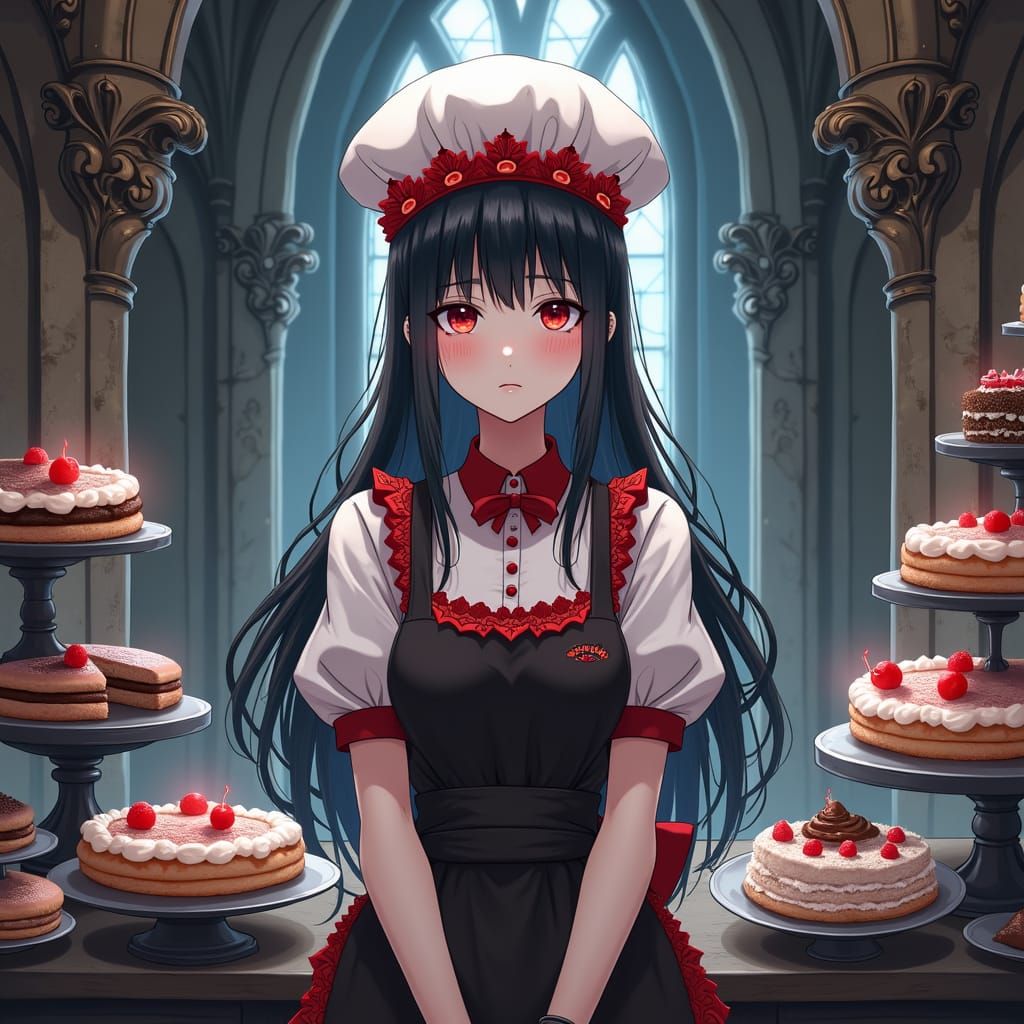 Gothic Anime Chef in Decayed Baroque Bakery