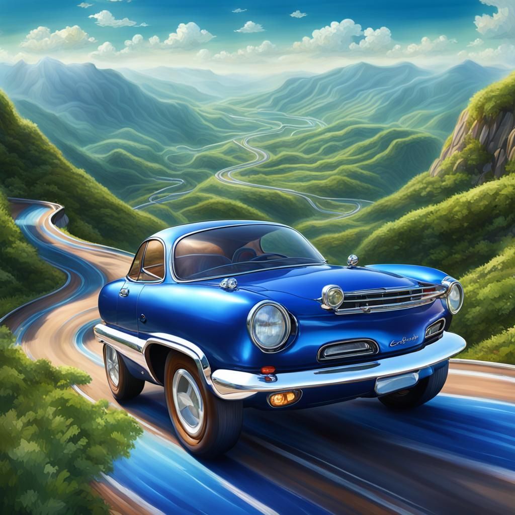 Cobalt Hover Car on Mountain Road, Hyper-Realistic Digital A...