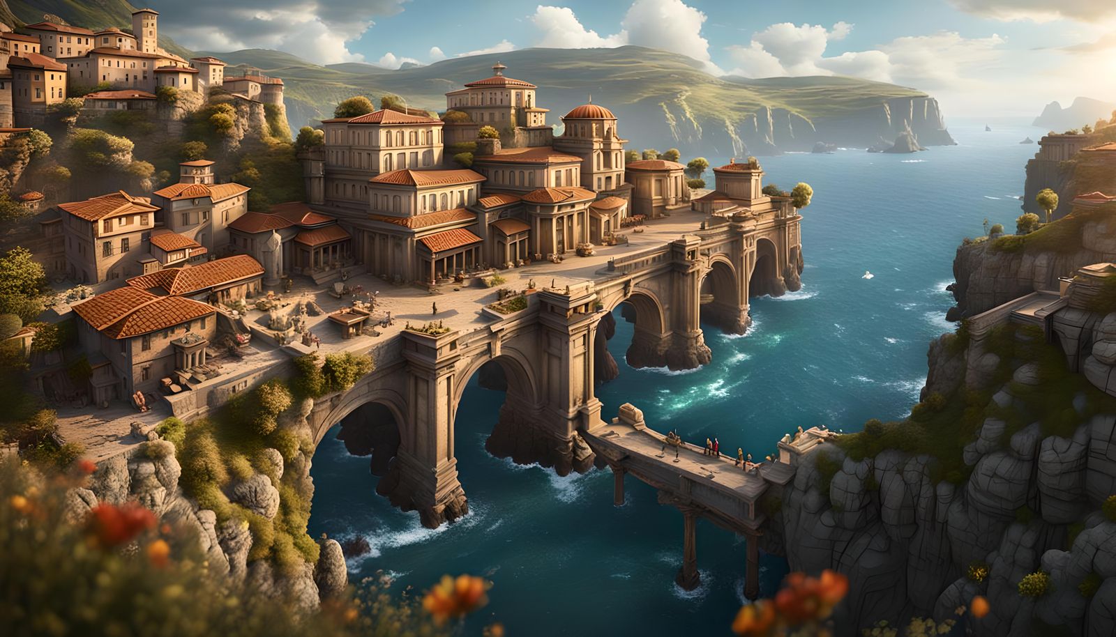 Cliffside Roman City in Detailed Matte Painting