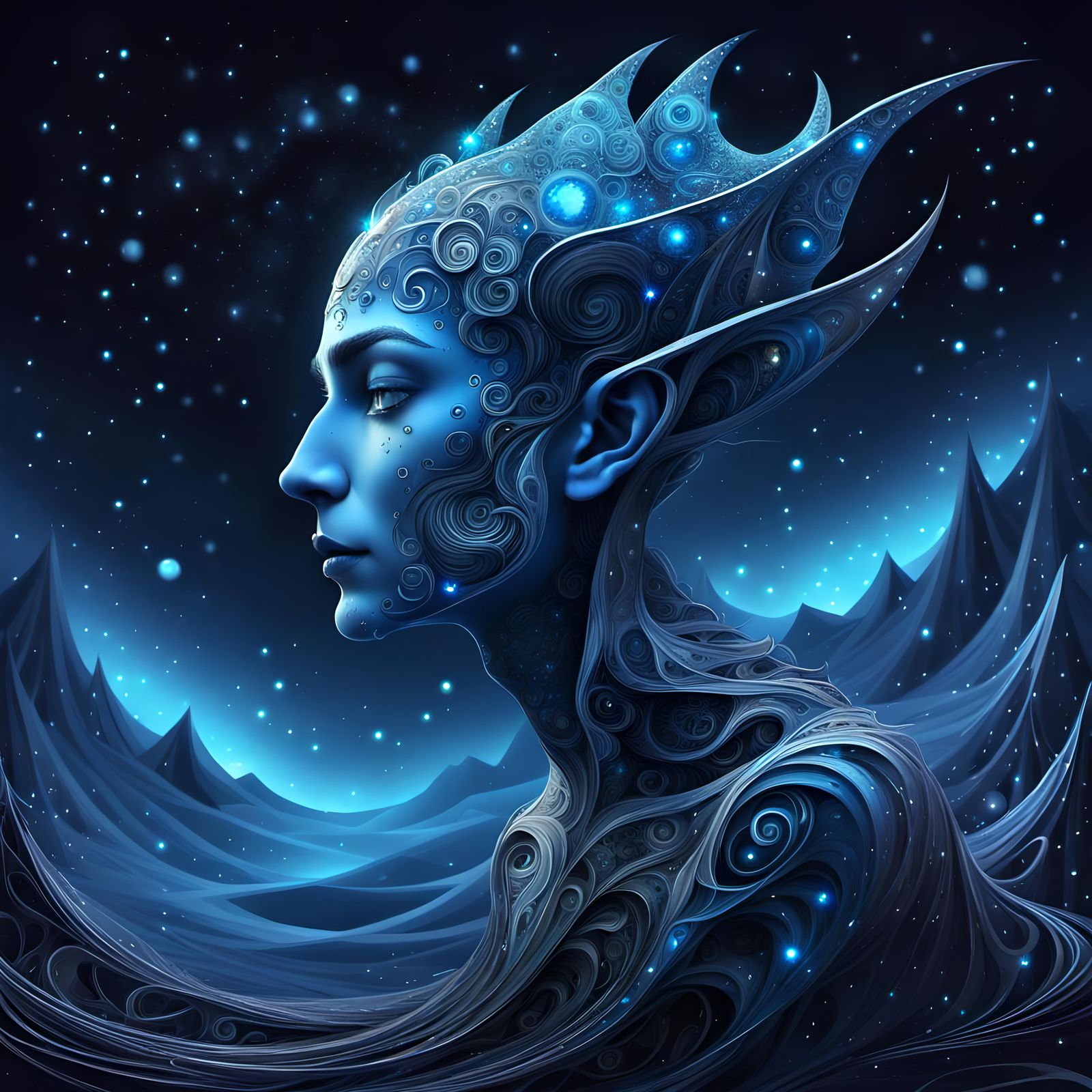 Surreal Elf Whispers to Darkness with Blue Lights