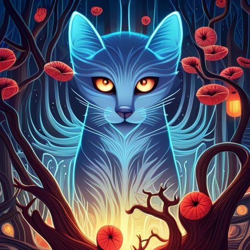 Glowing Ghost Cat in Haunted Forest, Pop Surrealism