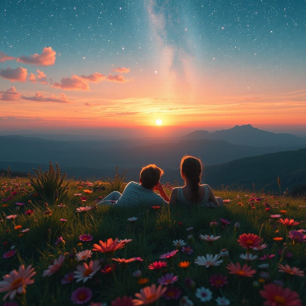 Lovers in Meadow at Sunset: Matte Painting Style