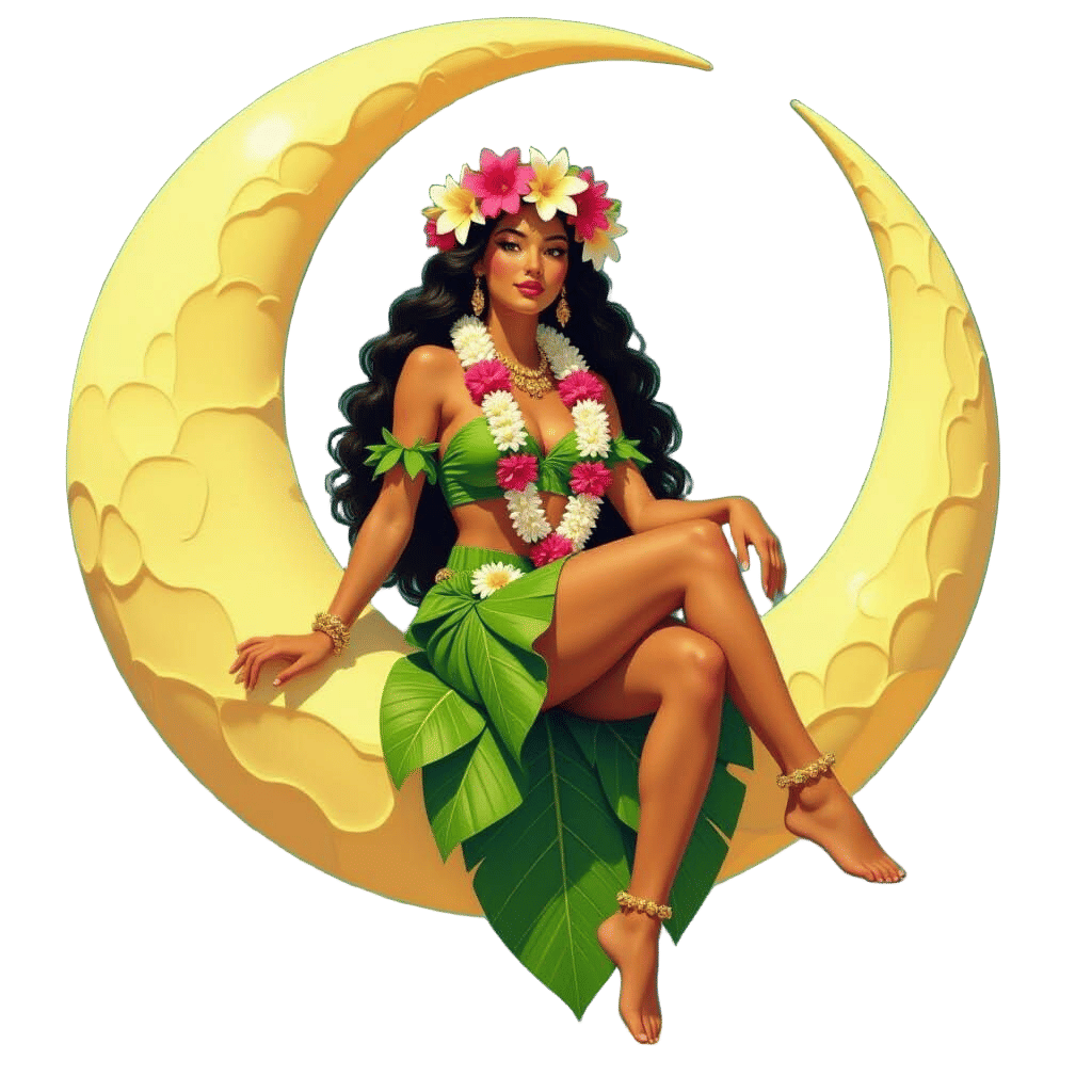 Hawaiian Goddess on Crescent Moon in Pin-Up Style
