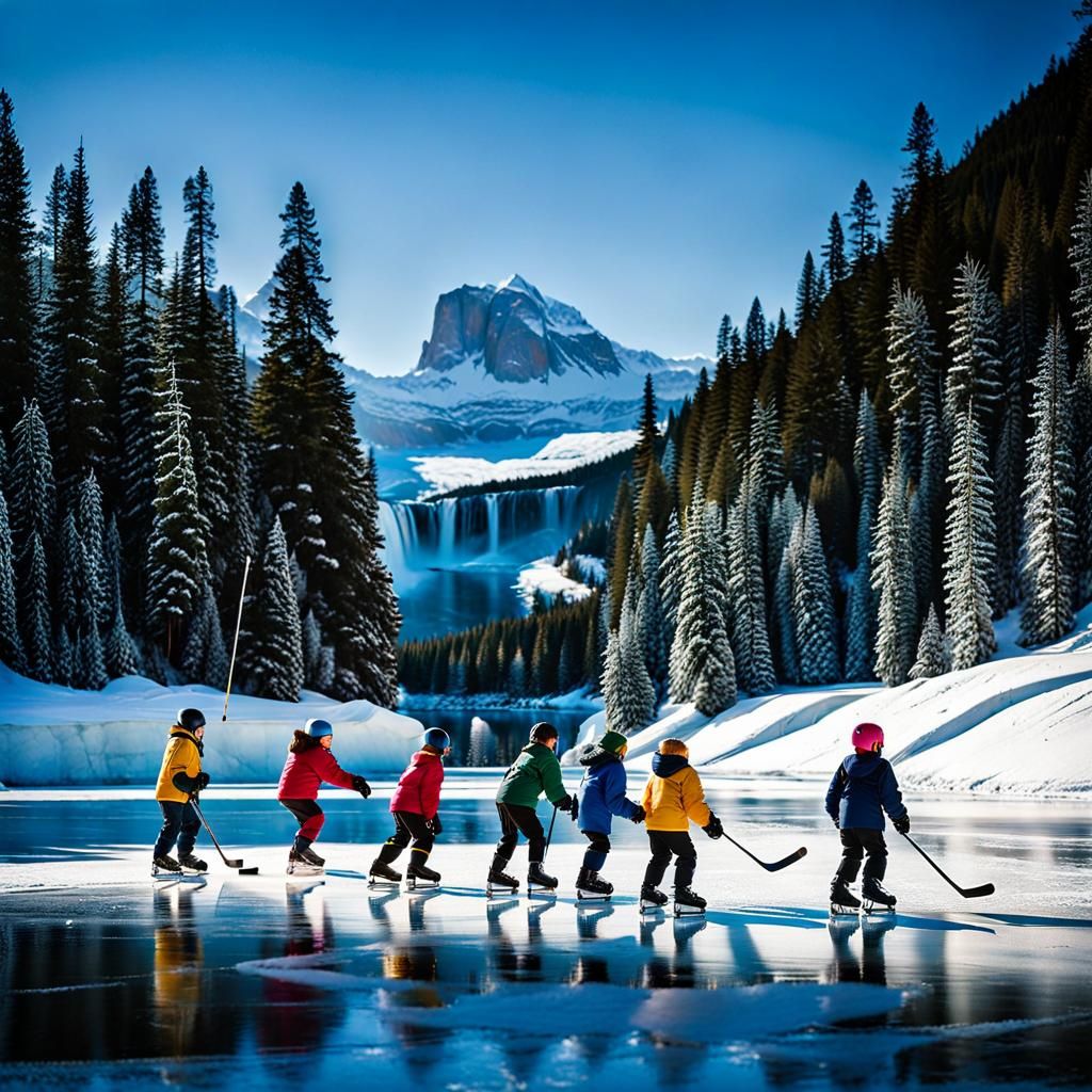 Children Play Hockey on Frozen River: Impressionistic Winter...