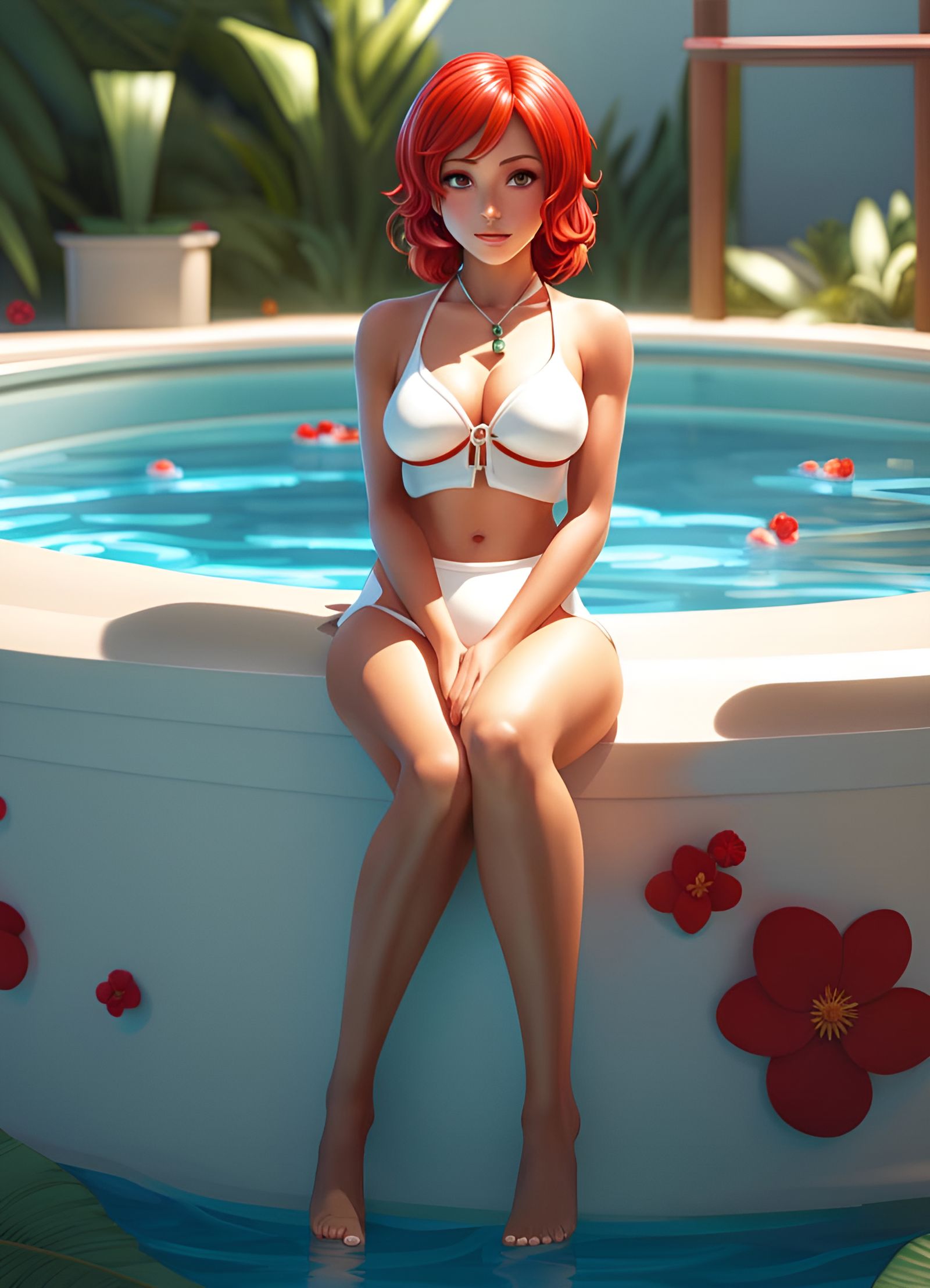 Beautiful Manga Girl in Pool, Hyperrealistic Rendering