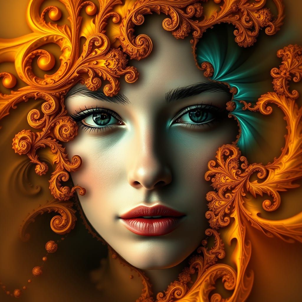 Ethereal Woman in Vibrant Fractal Landscape