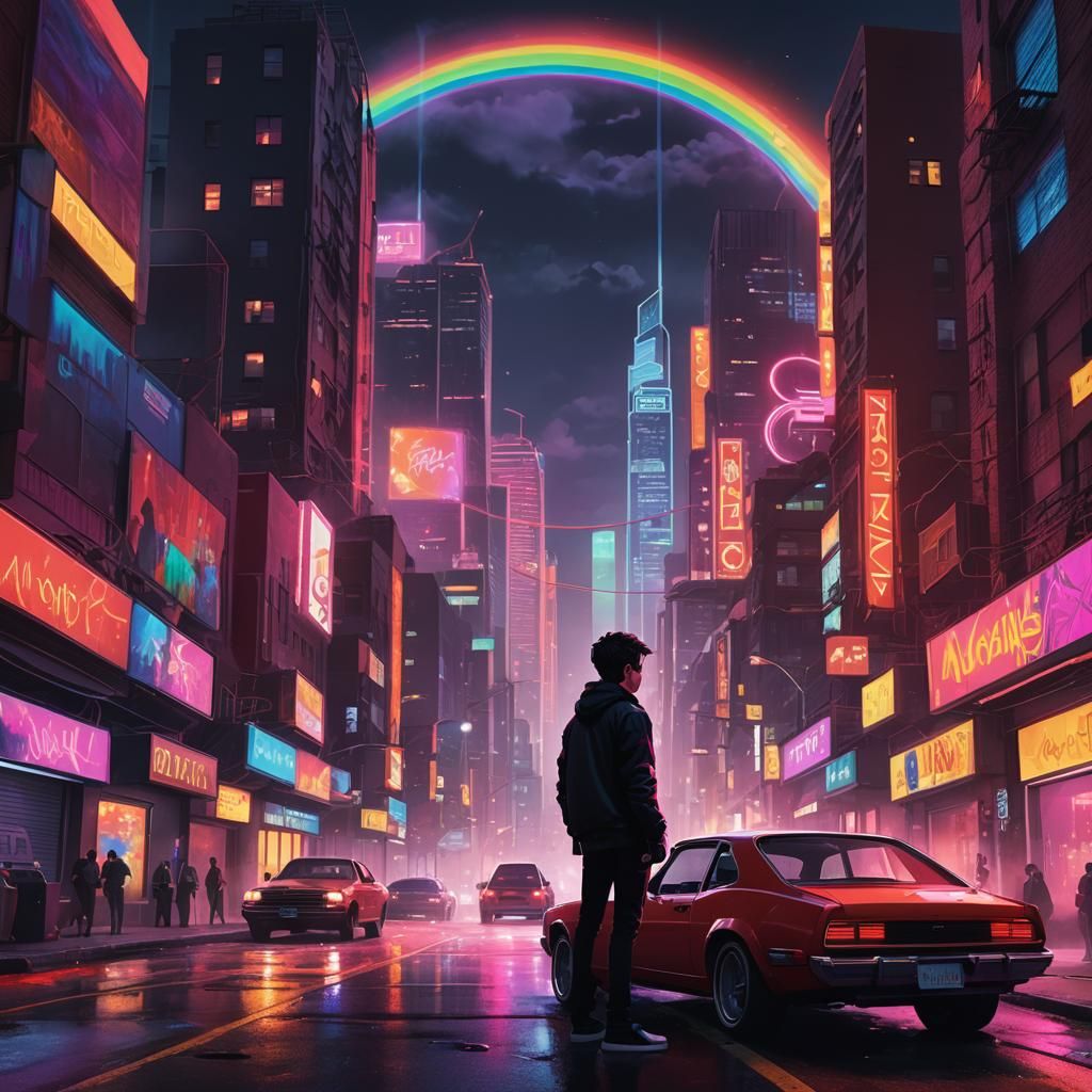Neon Cityscape: Boy with Red Car, Syd Mead Style