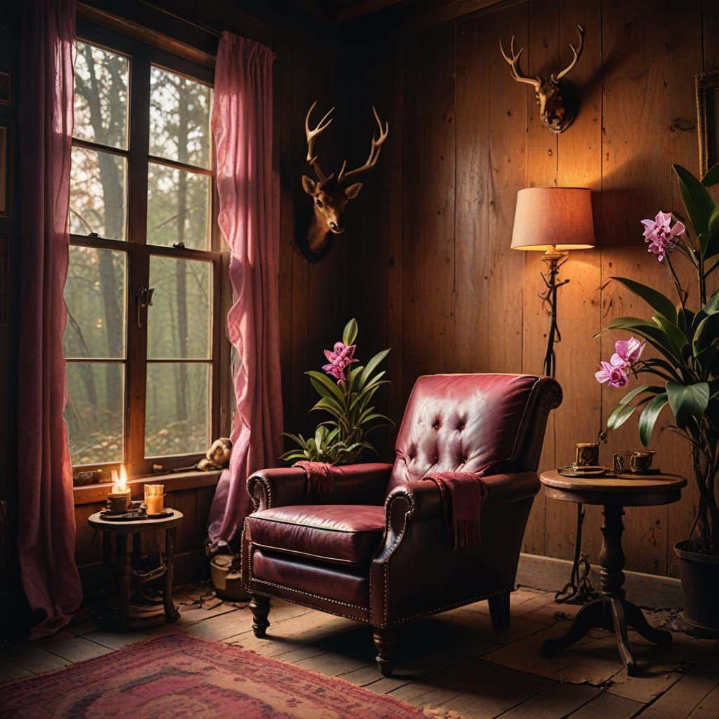Rustic Hunter in Armchair with Golden Hour Lighting
