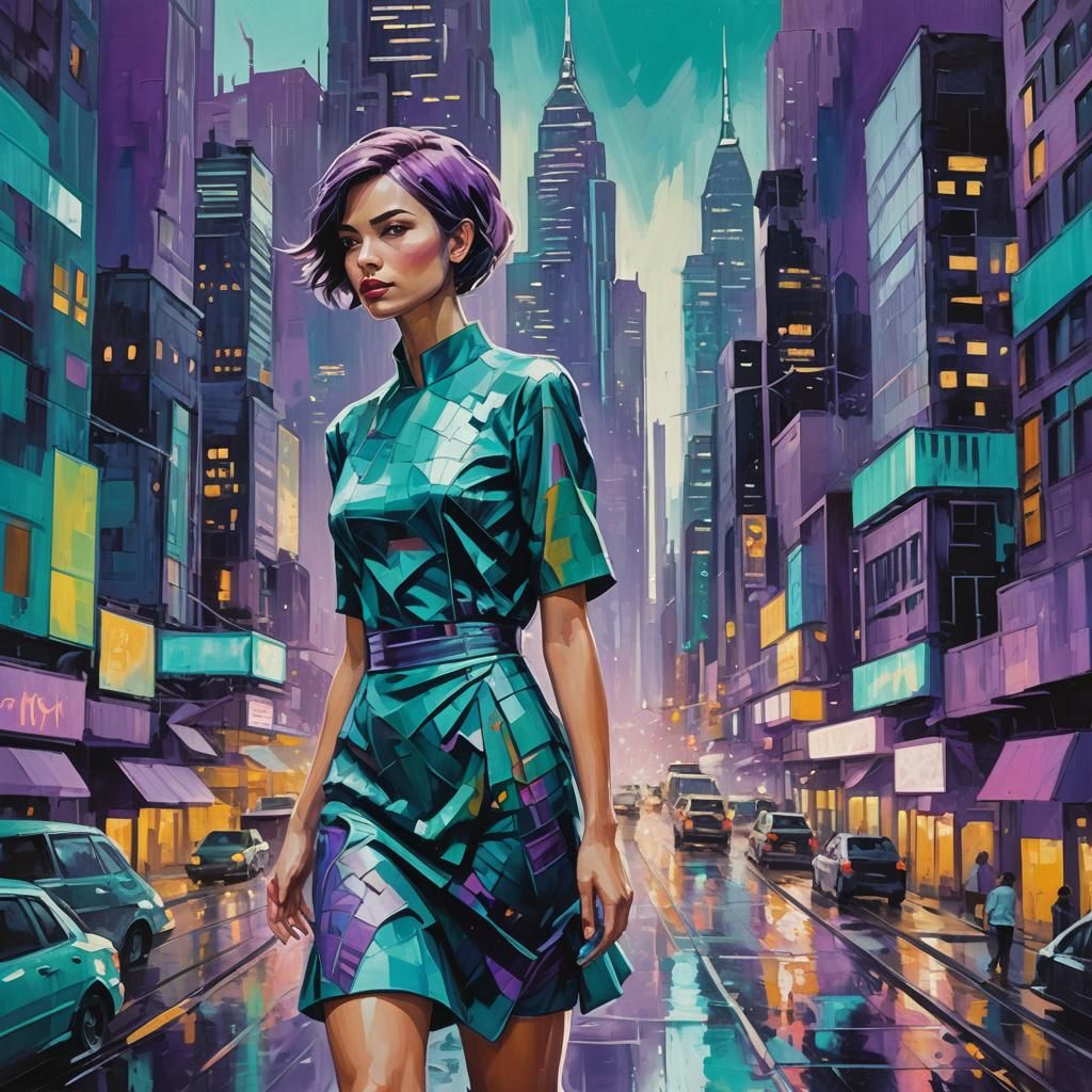 Model in Teal Dress in Gouache Style