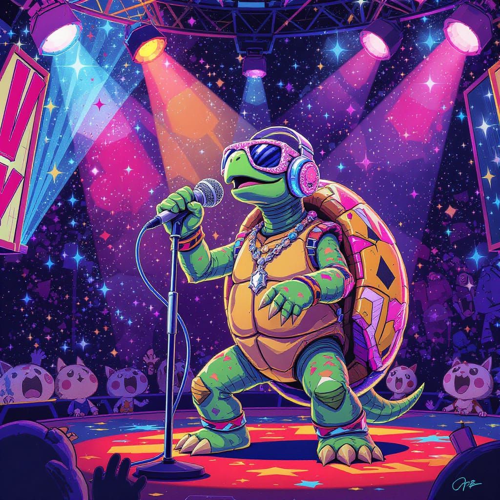 Singing Turtle on Karaoke Stage in Pop Surrealism Style