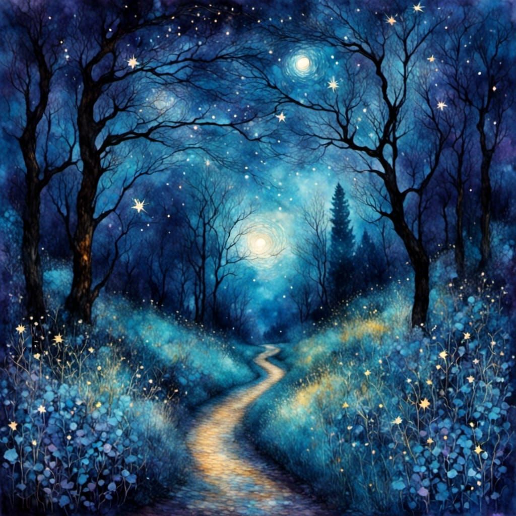 Blue Forest Path Under Starry Night Sky