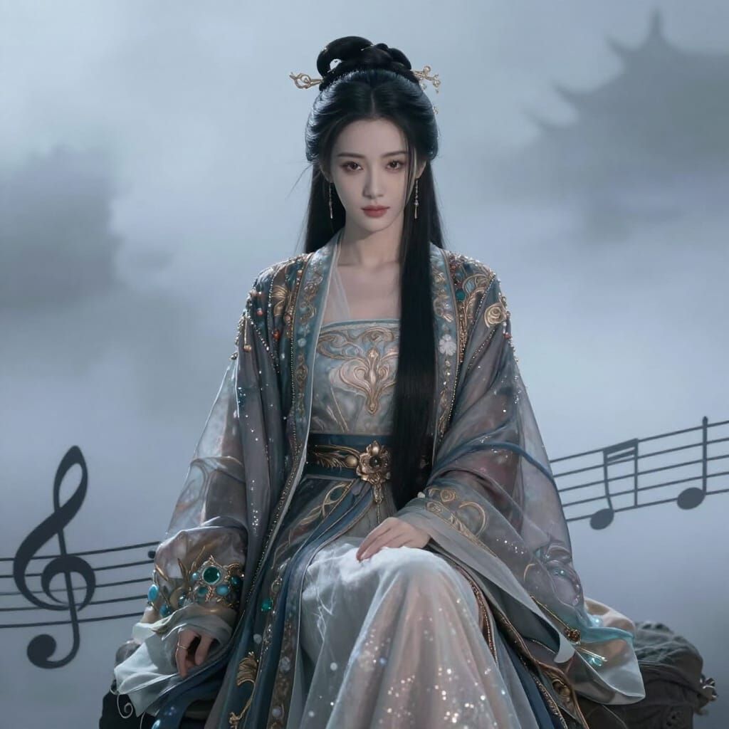 Ethereal Lady in Luxurious Fantasy Attire Sitting on Music N...