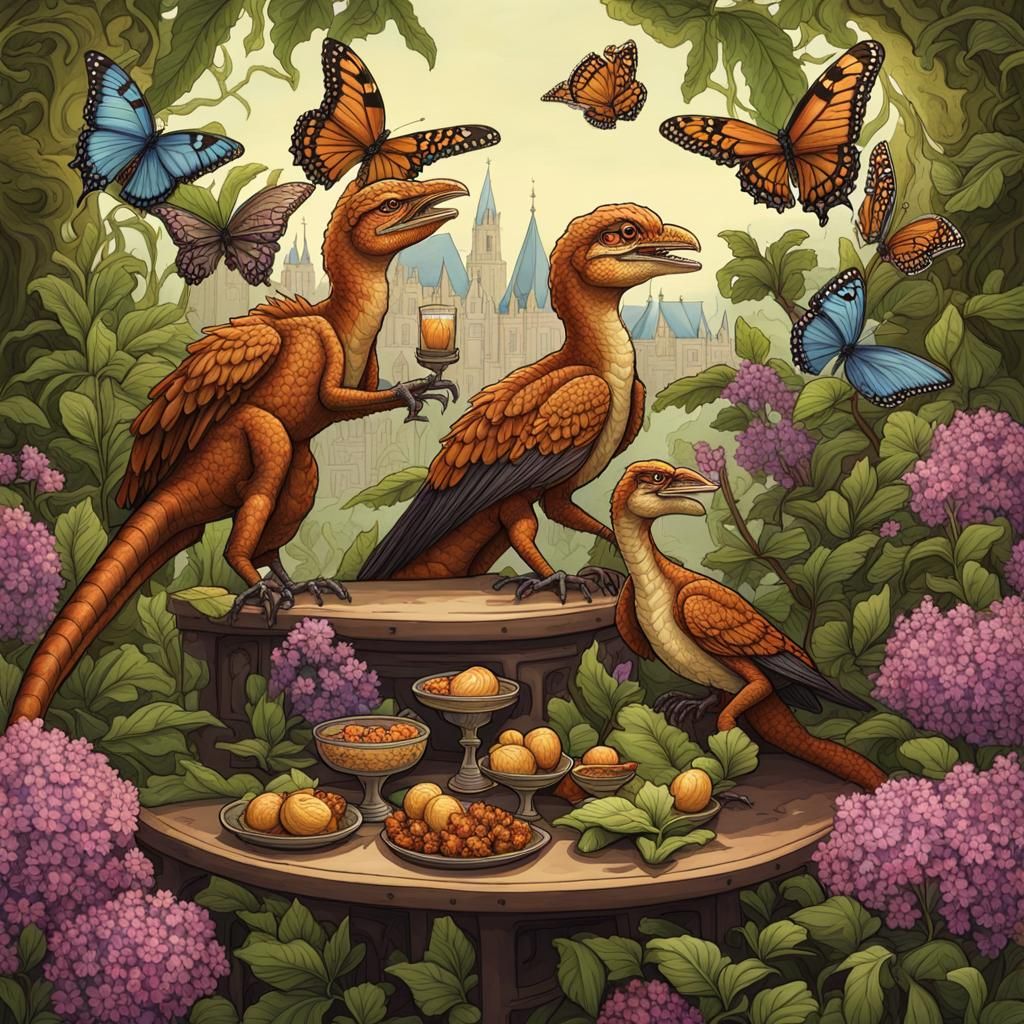 Baroque Velociraptors Feast in Amsterdam, Digital Art