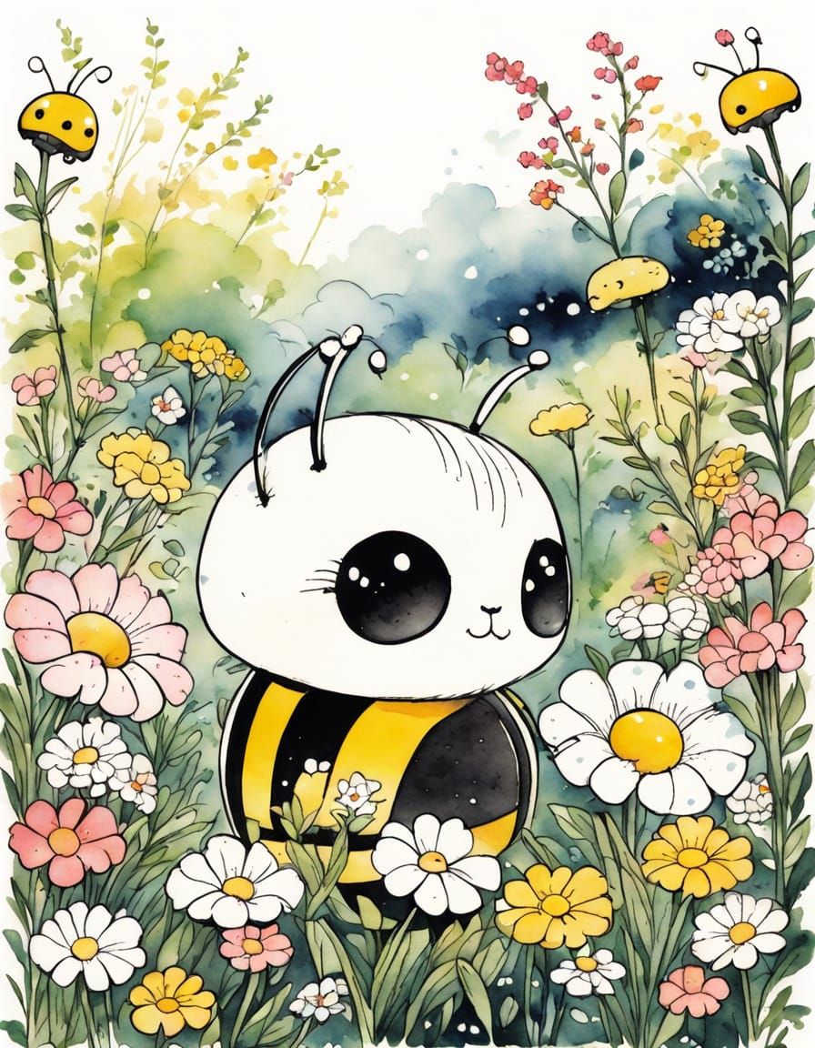Cute Kawaii Bumblebee in Japanese Ink Art