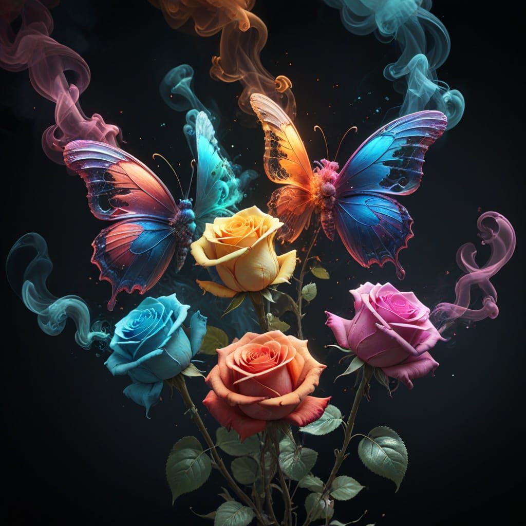 Rainbow Smoke Butterflies and Roses in Hyperrealistic Digita...