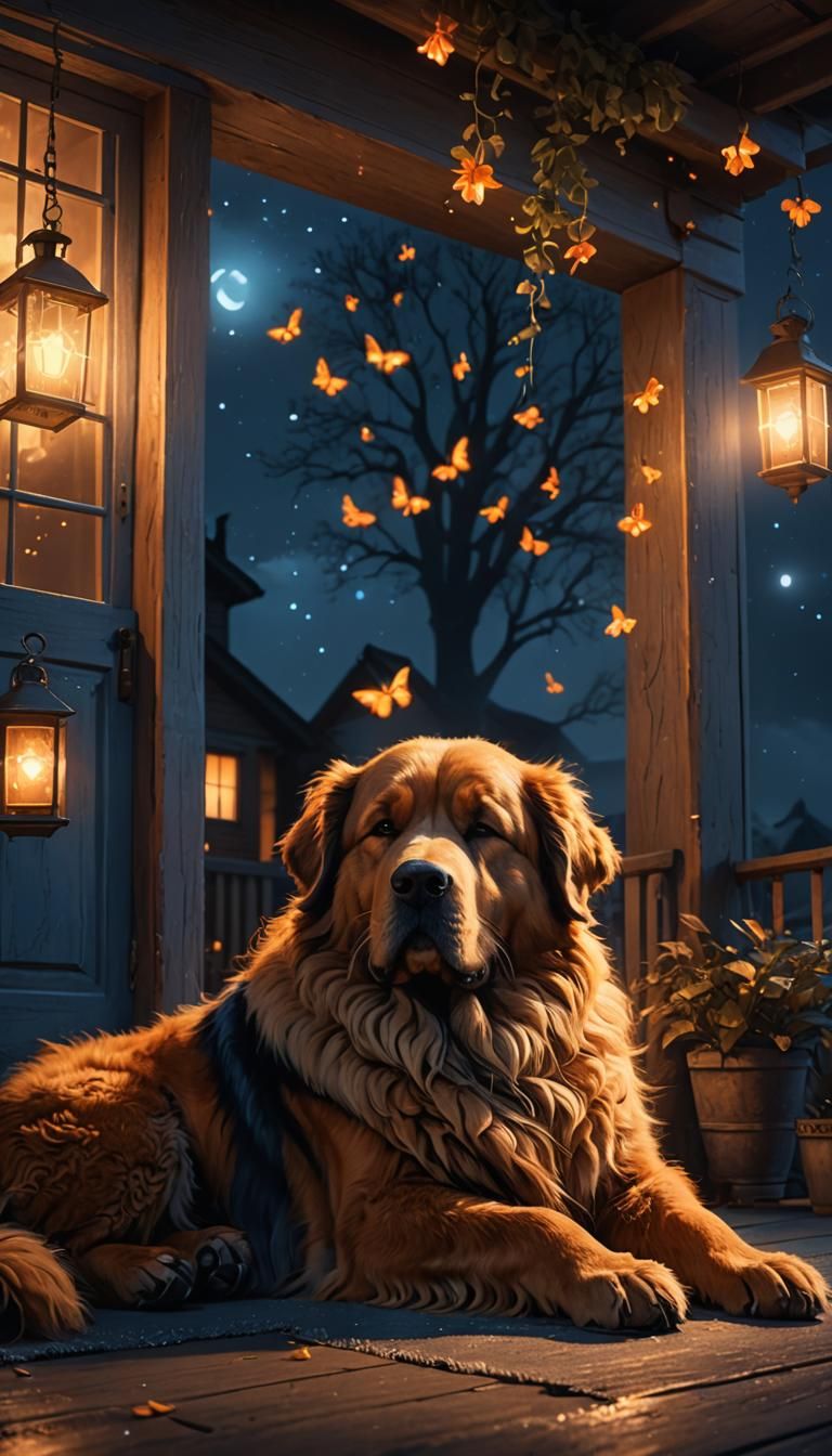 Dog Sleeping Peacefully on Porch at Night