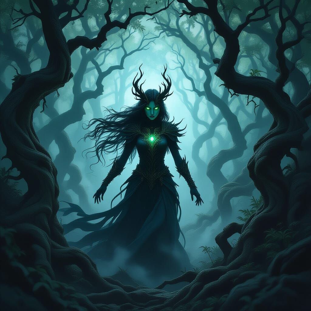 Dark Energy Woman Emerges from Ancient Forest