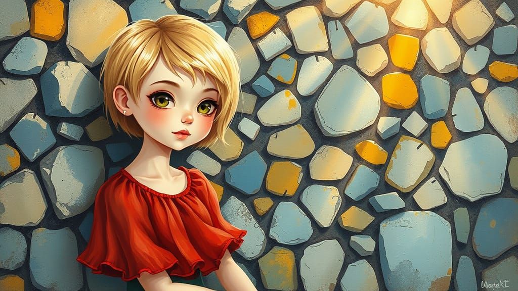 Pixie Girl in Gouache Painting with Dreamy Garden