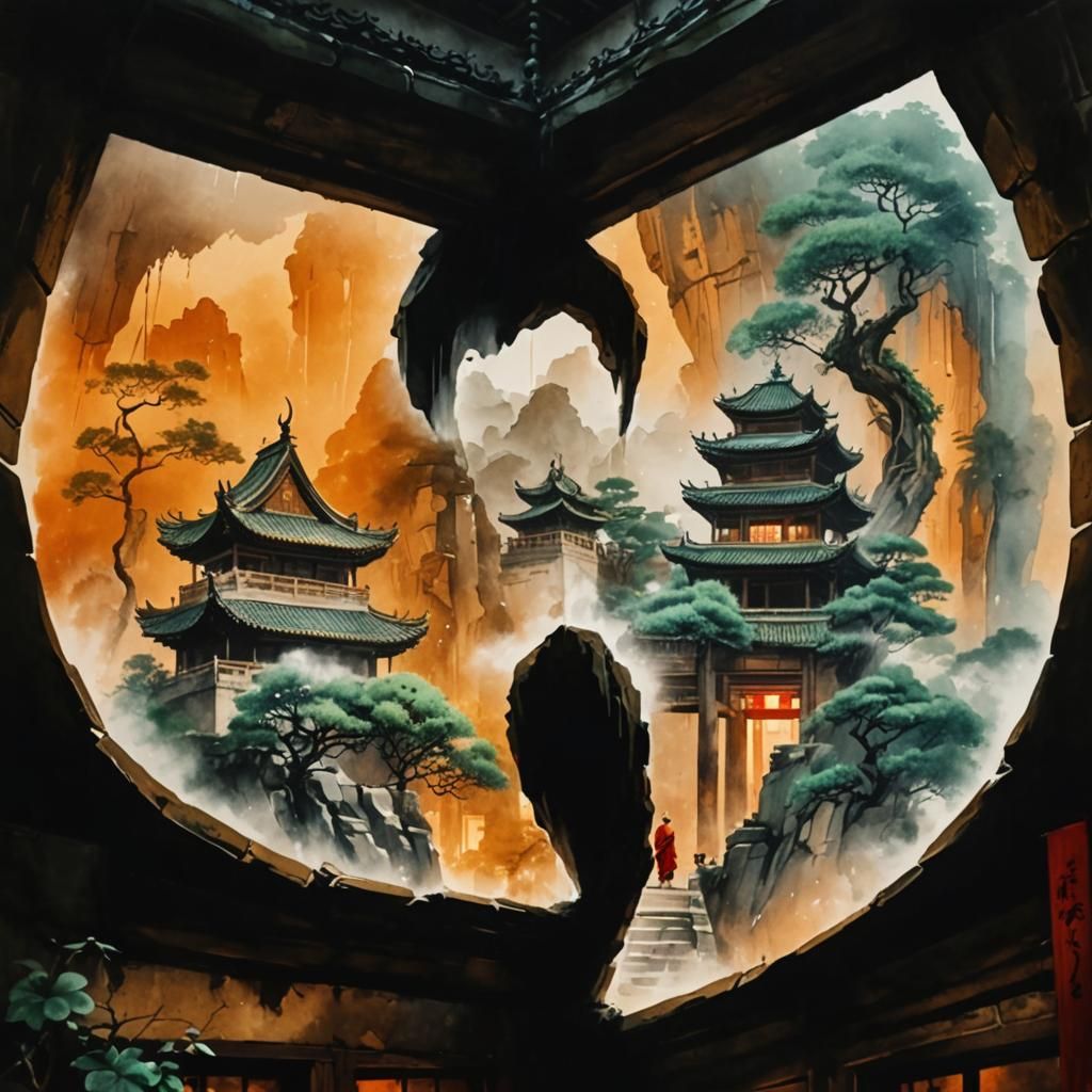Shaolin Monks Training: Chinese Ink Wash Painting