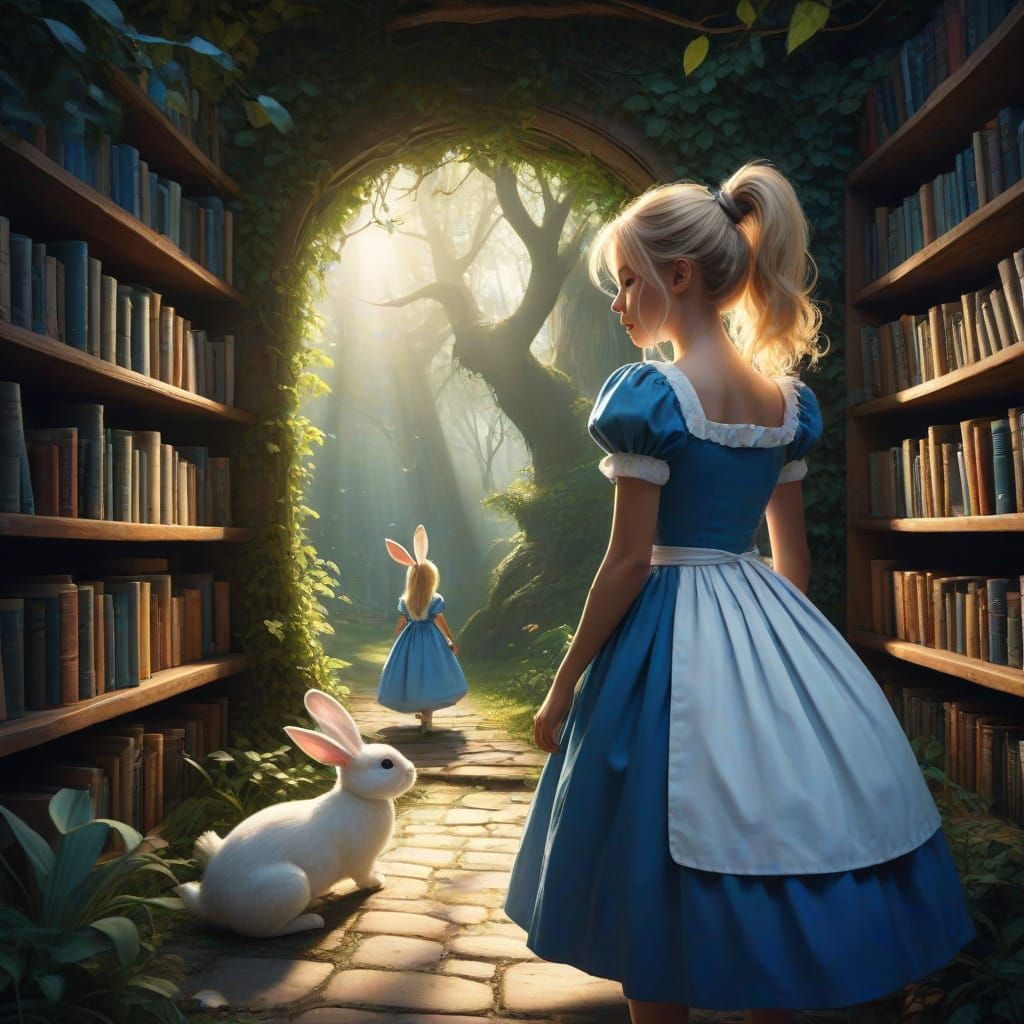 Alice Falls Down Bookshelf Rabbit Hole in Whimsical Digital ...