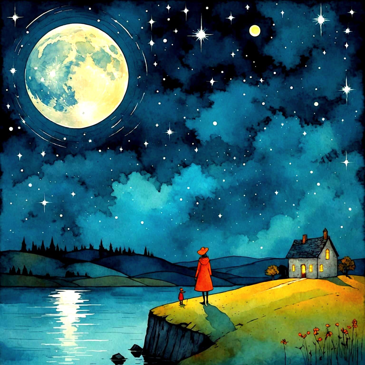 Celestial Midnight Aquarelle With Glorious Luminous Sky