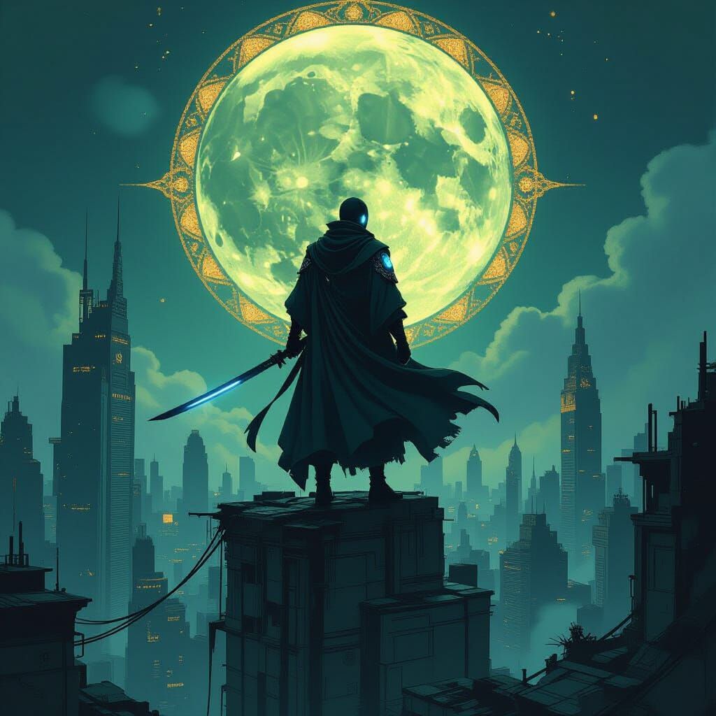 Sci-Fi Ninja Overlooks Post-Apocalyptic City in Klimt-Inspir...