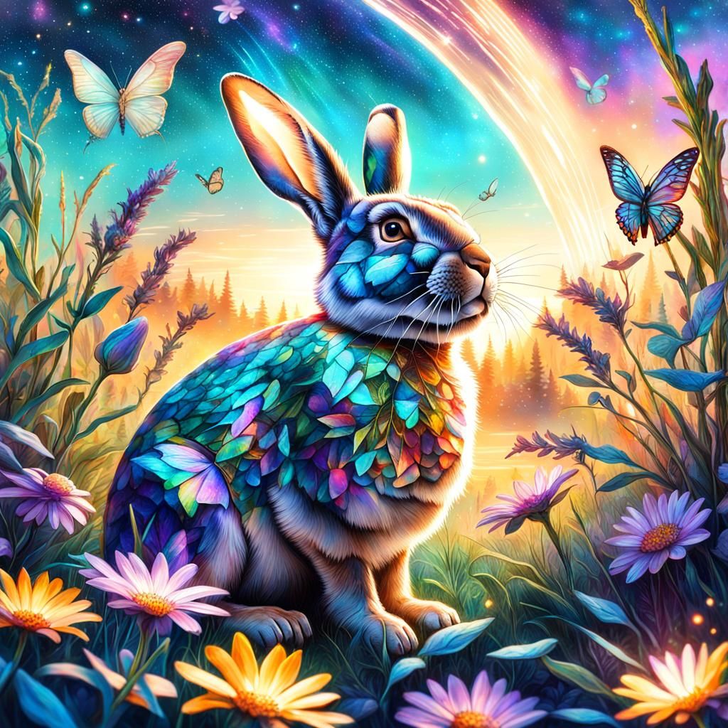 Rabbit and Butterfly at Sunrise: Cosmic Illustration