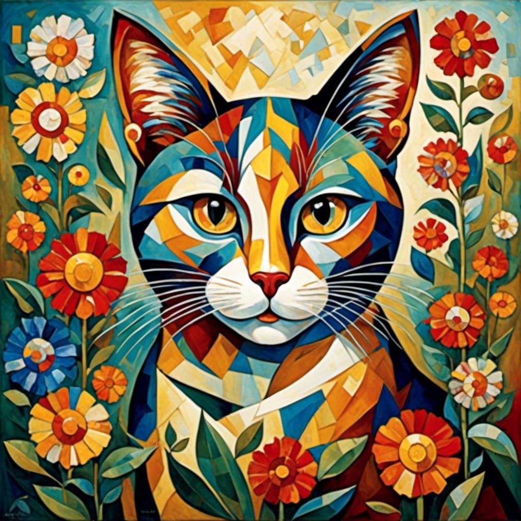 Cubist Cat Portrait with Geometric Flowers