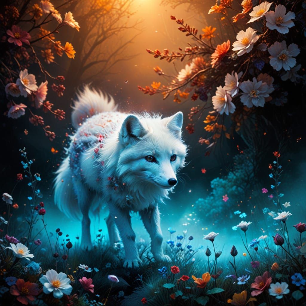 Whimsical Arctic Fox in a Vibrant Floral Garden