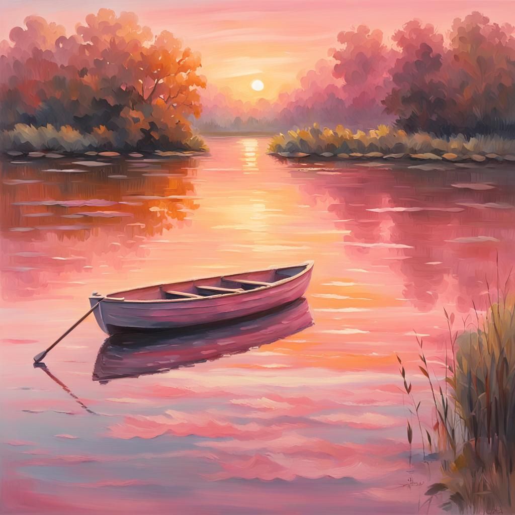 Small Lake Rowboat at Sunrise in Impressionist Style