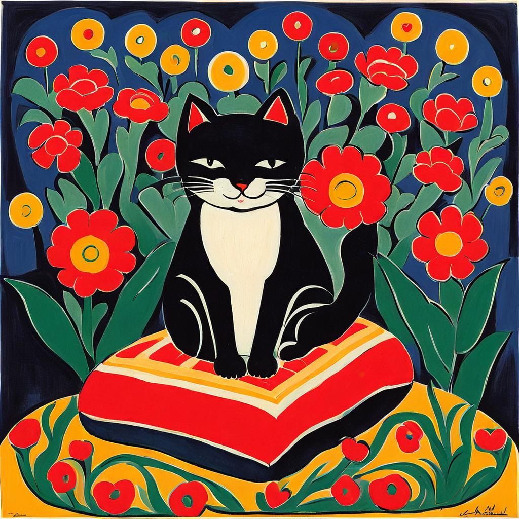 Expressive Cat Portrait with Flowers in Expressionist Style