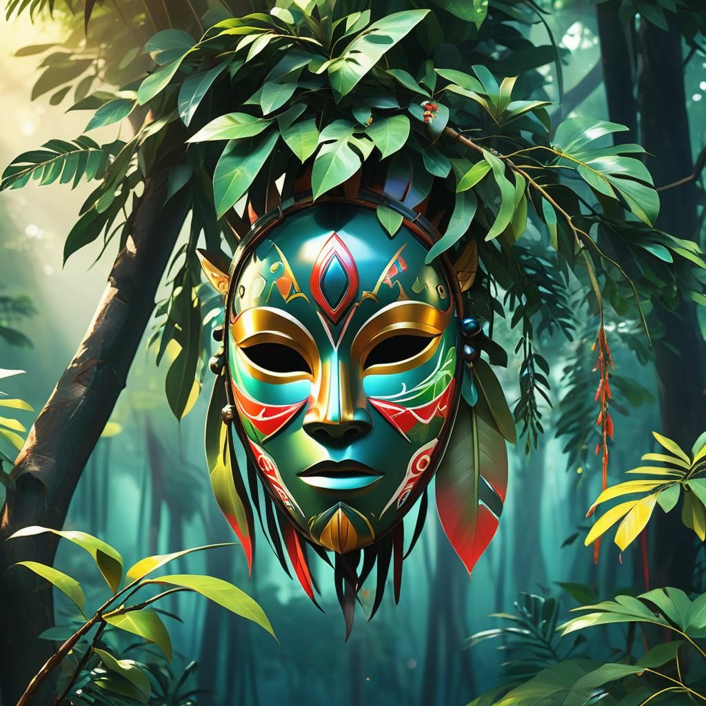 Friendly African Mask in Tropical Rainforest: 3D Anime Art