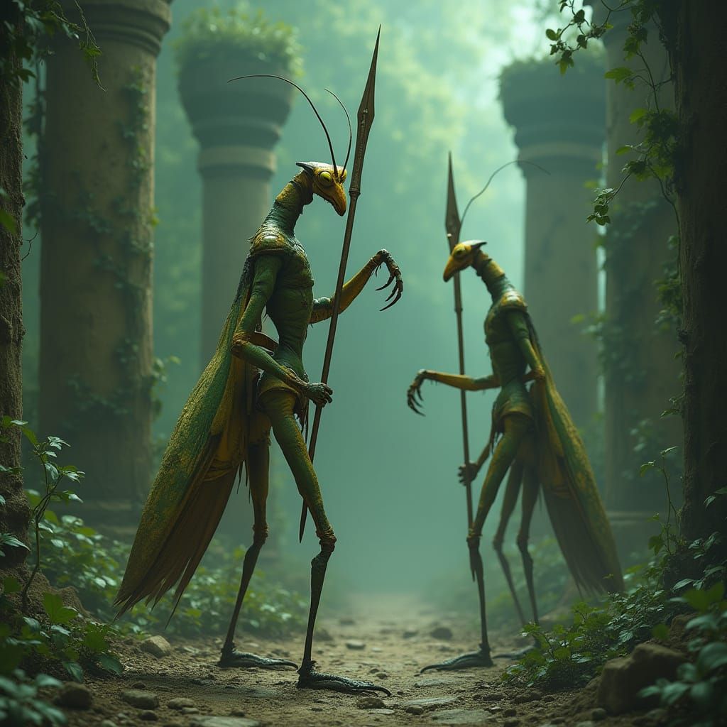 Mantis-Like Beings Stand Guard Near Ancient Ruins in a Haunt...