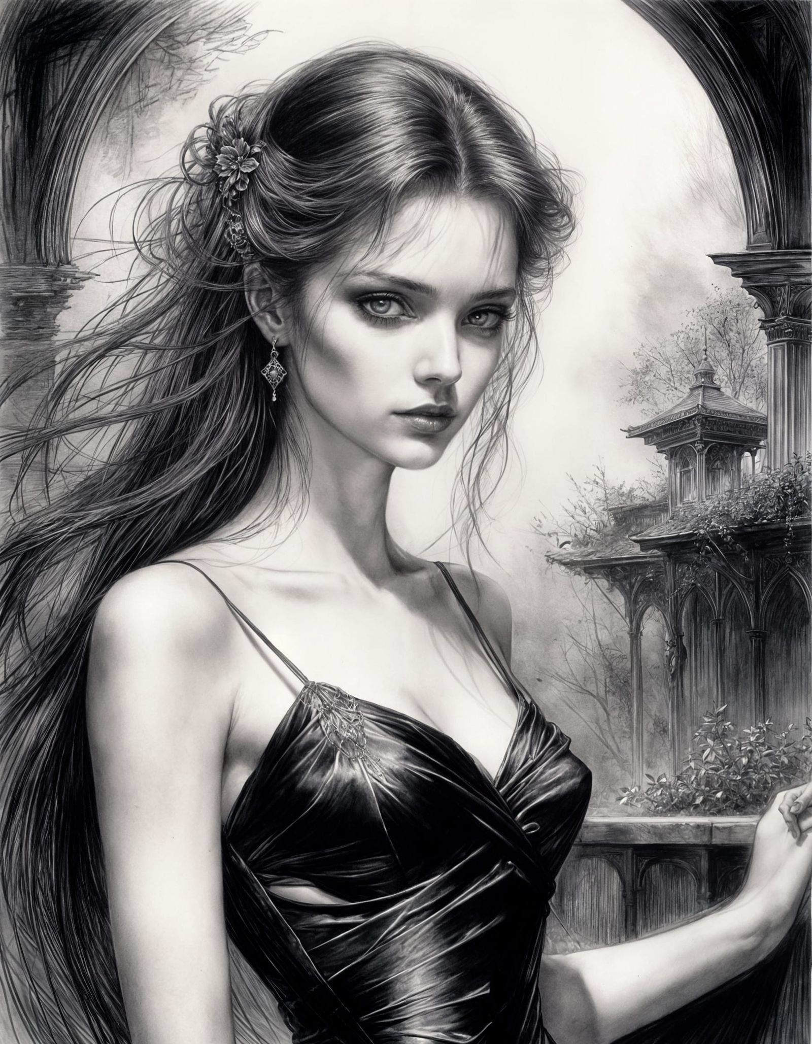 Provocative Woman in Black Silk Dress in Empty Garden